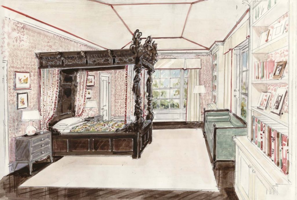 Belgravia bedroom with carved wooden four poster bed