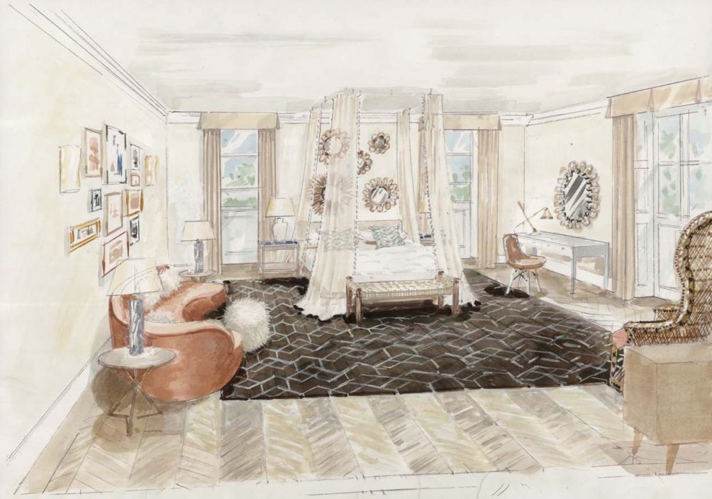 Belgravia home woman's bedroom with curtained bed