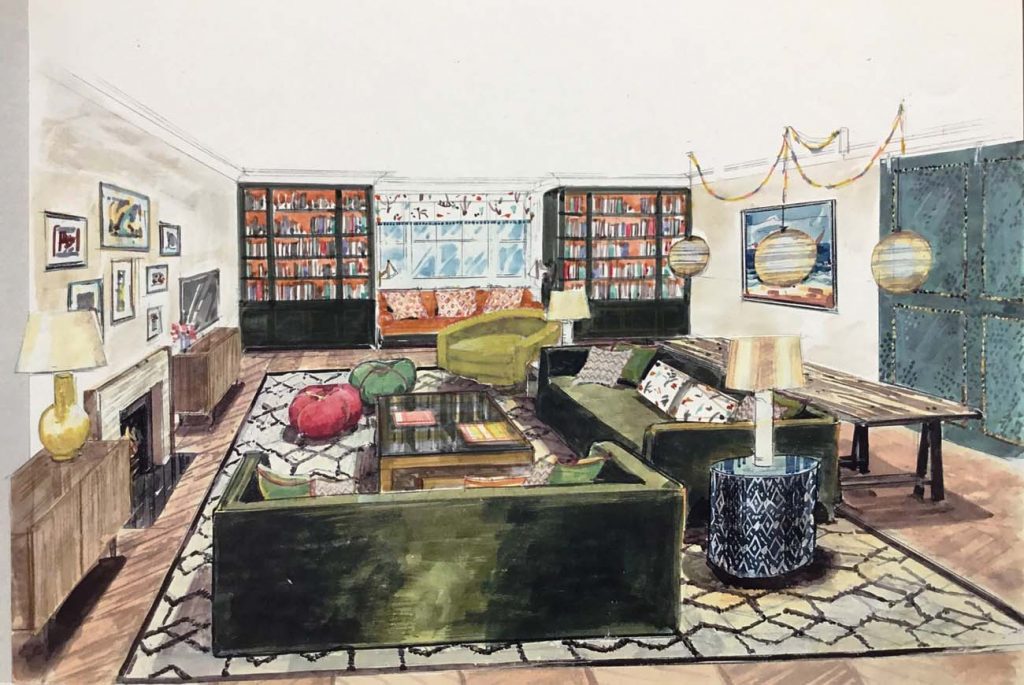 Belgravia drawing room with green sofas