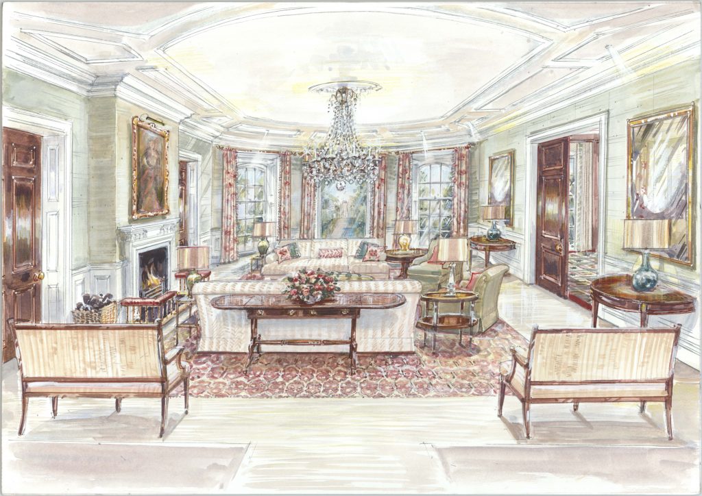 Berkshire home drawing room with chandelier