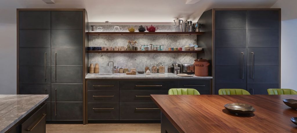 Metal effect kitchen with antique brass trim
