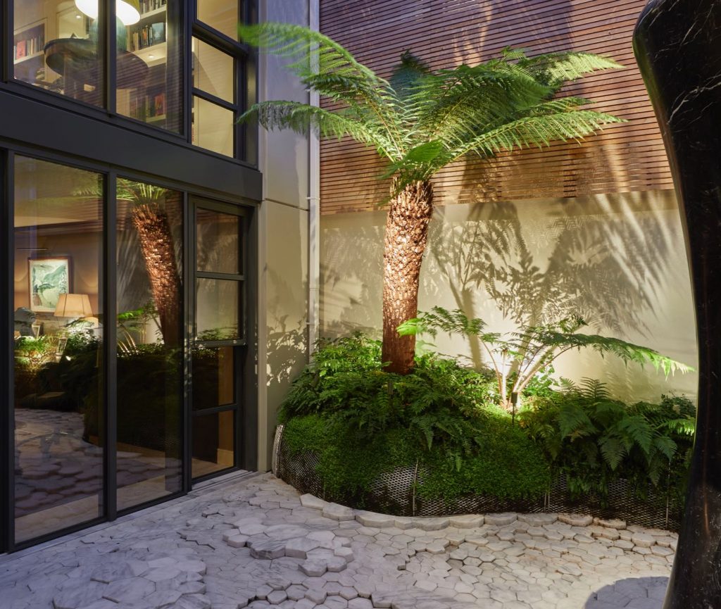 London garden at night with palm tree lit by uplighters and slatted wood wall
