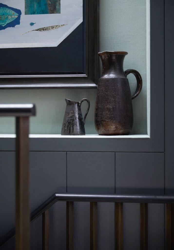 London house leather handrail by Bill Amberg and bronze spindles