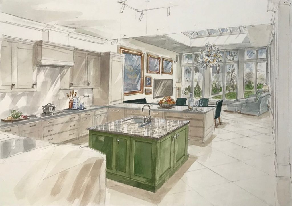 Kensington London house kitchen with island unit and seating and view to the garden