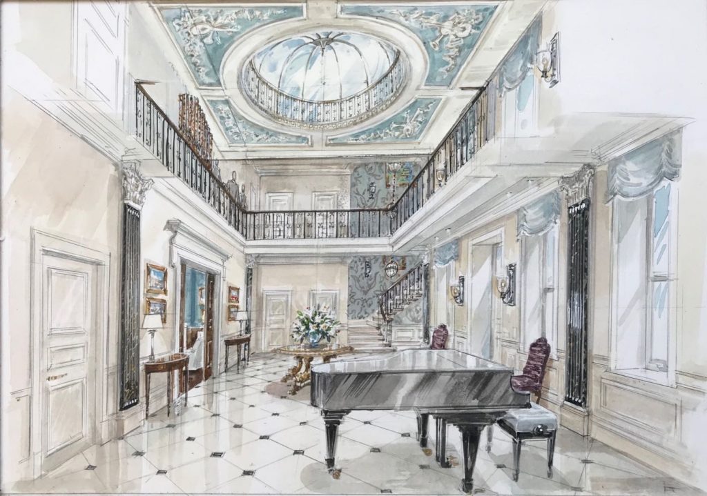Kensington London home hallway with grand piano, glass dome in the ceiling and balcony