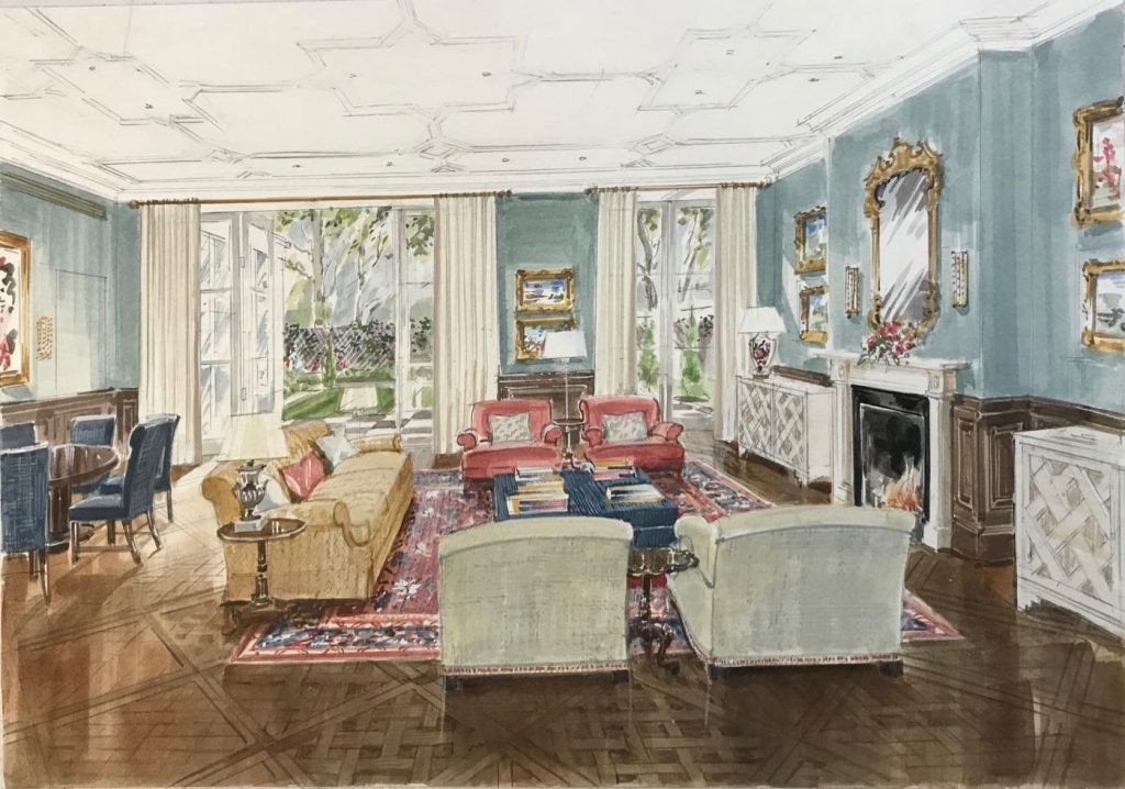 Kensington London home drawing room with french windows to the garden