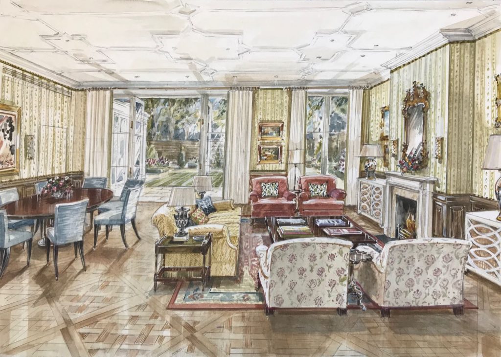 Kensington London home drawing room with dining table and view to a city garden
