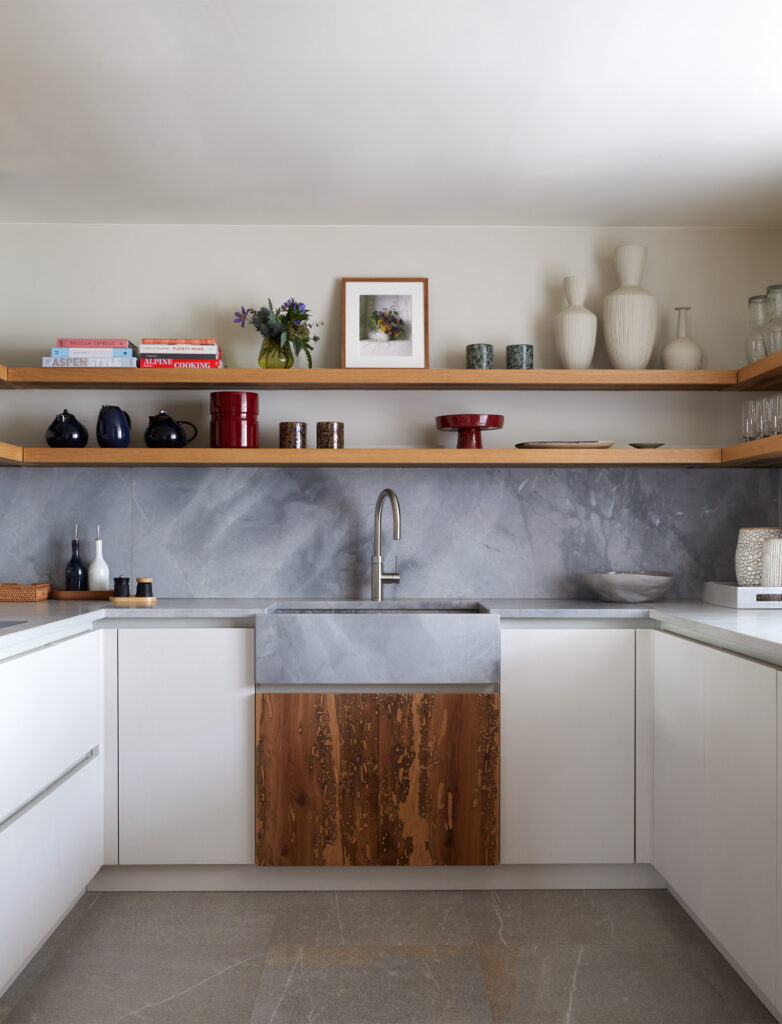 luxury alpine chalet kitchen stone sink floating shelves quaried stone worktop briccola timber wood