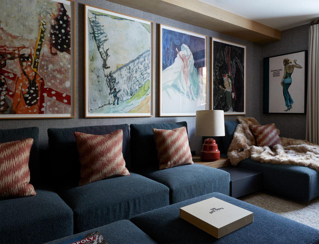 cosy smart chalet home cinema blue modula sofa fur rug Peter Doig artworks