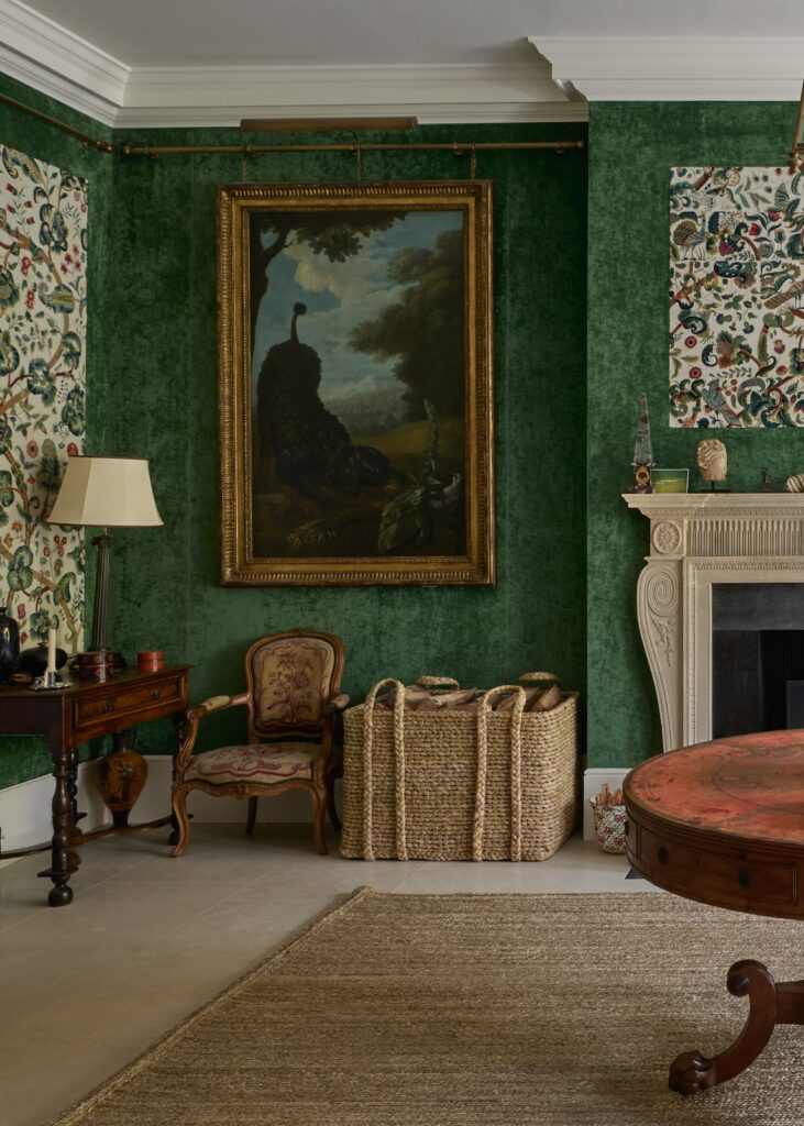English Country House hall large log basket emerald green velvet walling